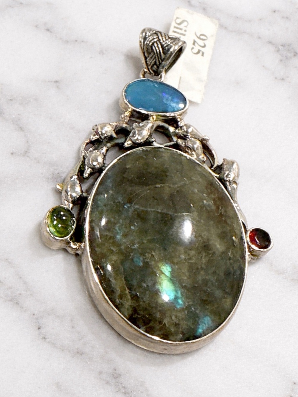 Bali Sterling Silver Labradorite Pendant w/ Peridot Garnet Dolphin Statement 925